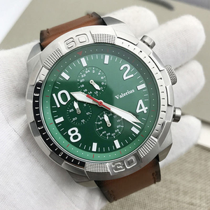 Men Sports Chronograph Quartz Watch Large Number Dial Genuine Leather Strap